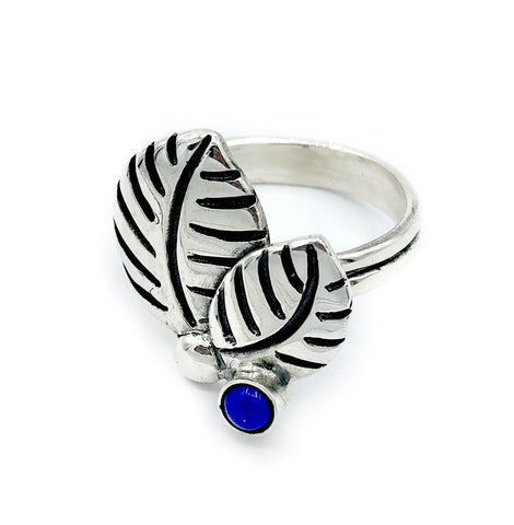 leaves ring, blue lapis silver ring, blue lapis adjustable silver ring 