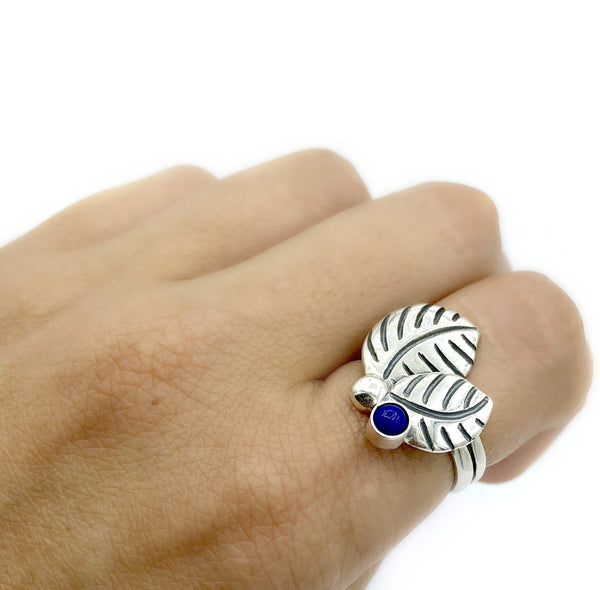 leaves ring, blue lapis silver ring, blue lapis adjustable silver ring 