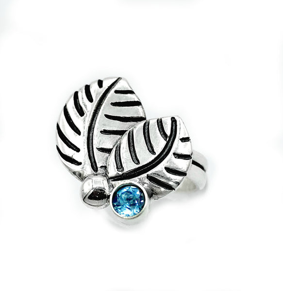leaves ring, blue topaz silver ring, blue topaz adjustable silver ring 