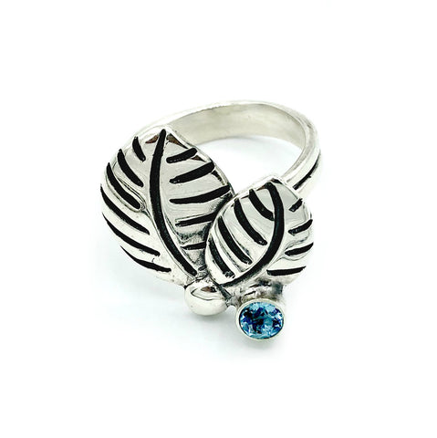 leaves ring, blue topaz silver ring, blue topaz adjustable silver ring 