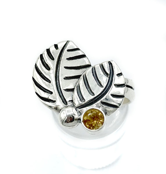 leaves ring, citrine silver ring, citrine adjustable silver ring 