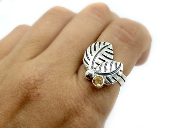 leaves ring, citrine silver ring, citrine adjustable silver ring 