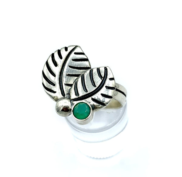 leaves ring, green agate silver ring, green stone adjustable silver ring 