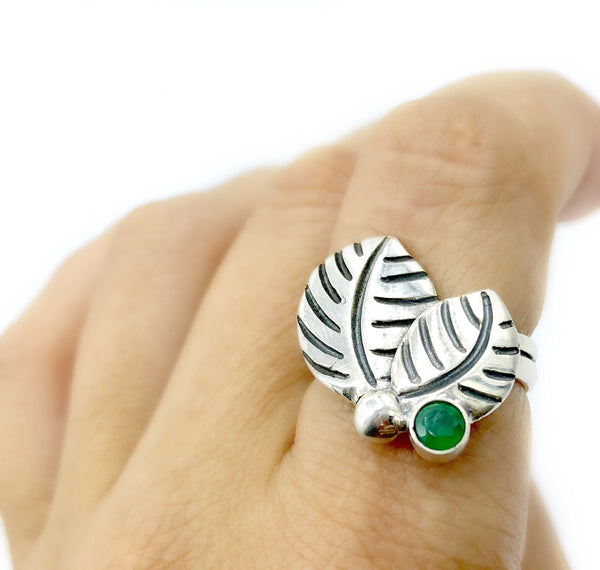 leaves ring, green agate silver ring, green stone adjustable silver ring 