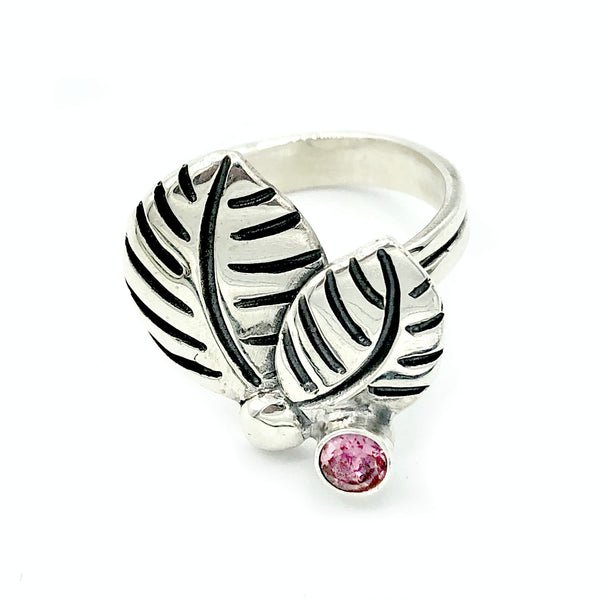 leaves ring, pink tourmaline silver ring, pink tourmaline adjustable silver ring 