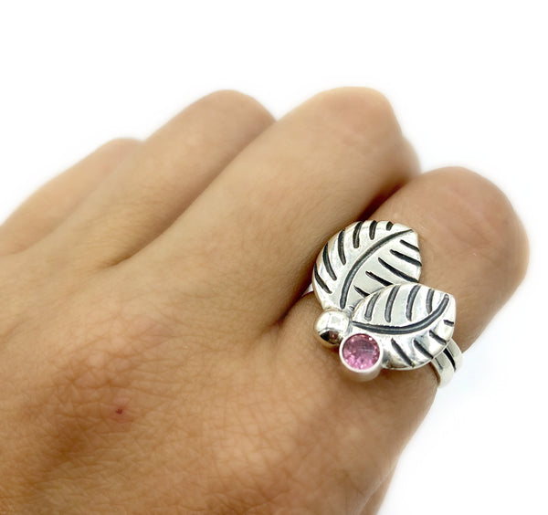 leaves ring, pink tourmaline silver ring, pink tourmaline adjustable silver ring 
