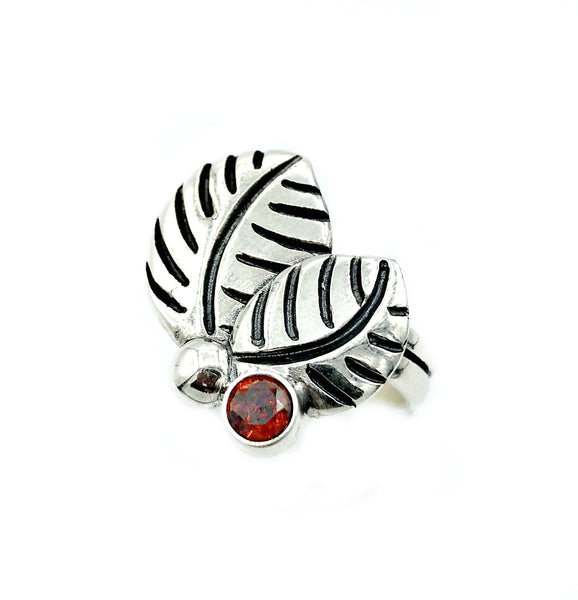 leaves ring, red garnet silver ring, garnet adjustable silver ring 