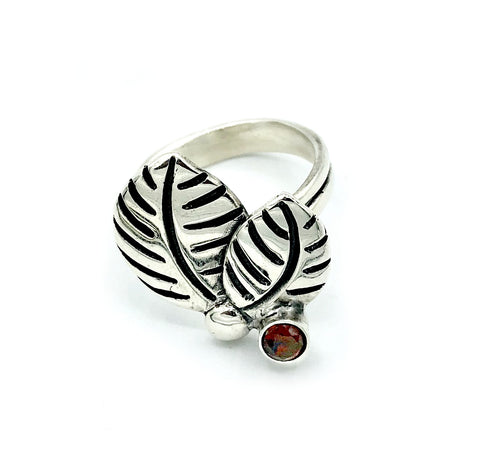 leaves ring, red garnet silver ring, garnet adjustable silver ring 