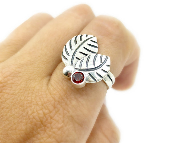 leaves ring, red garnet silver ring, garnet adjustable silver ring 