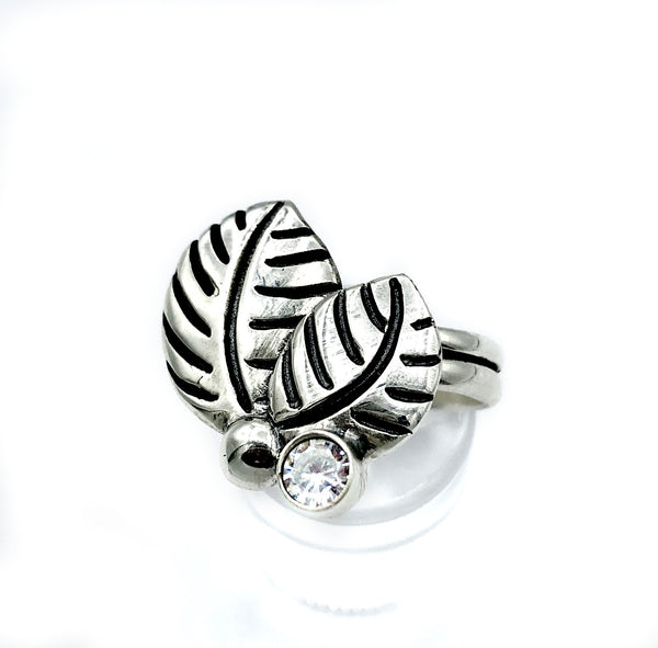 leaves ring, zircon silver ring, zircon adjustable silver ring 