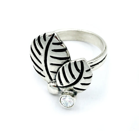 leaves ring, zircon silver ring, zircon adjustable silver ring 