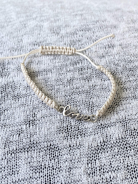 love bracelet silver with nylon macrame, cursive love bracelet 