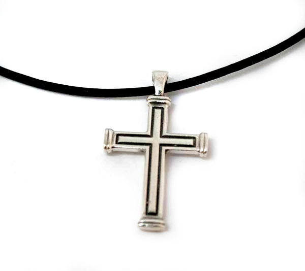 Men's cross necklace, cross leather cord, oxidized silver cross pendant 