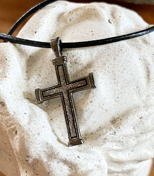 Men's black cross necklace with leather cord 
