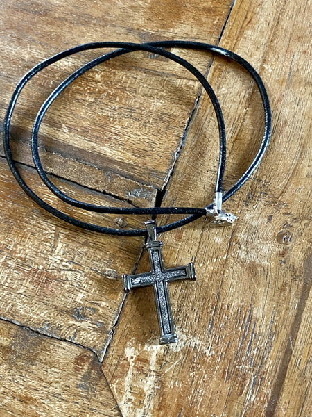 Men's black cross necklace with leather cord 