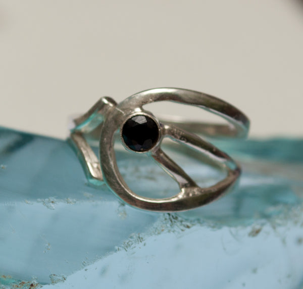 black spinal silver ring, black stone ring, modern silver ring 