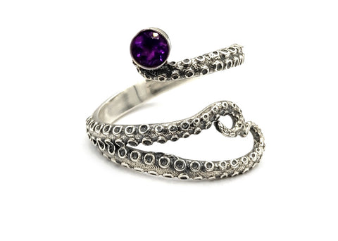 octopus silver ring, amethyst ring, tentacle ring, silver adjustable ring 