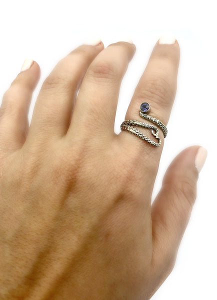 octopus silver ring, blue iolite ring, tentacle ring, silver adjustable ring 