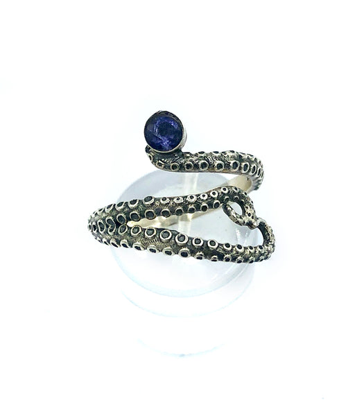 octopus silver ring, blue iolite ring, tentacle ring, silver adjustable ring 