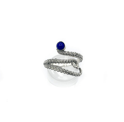 octopus silver ring, blue lapis ring, tentacle ring, silver adjustable ring 