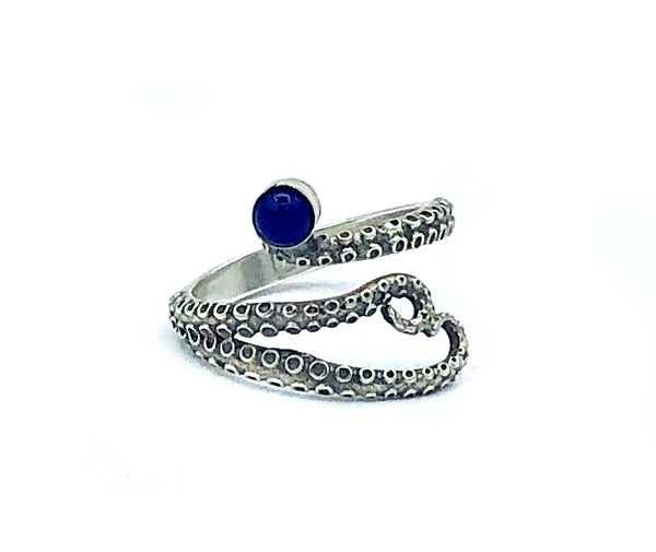 octopus silver ring, blue lapis ring, tentacle ring, silver adjustable ring 