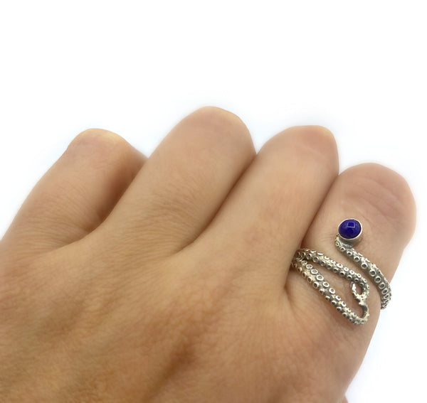 octopus silver ring, blue lapis ring, tentacle ring, silver adjustable ring 