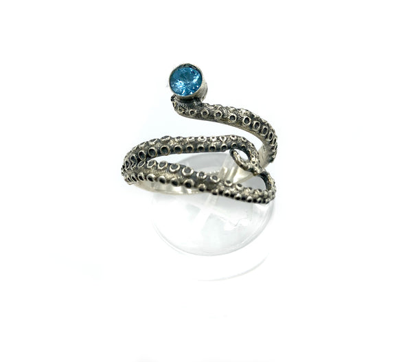 octopus silver ring, blue topaz ring, tentacle ring, silver adjustable ring, November birthstone ring 