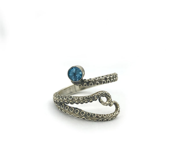octopus silver ring, blue topaz ring, tentacle ring, silver adjustable ring, November birthstone ring 
