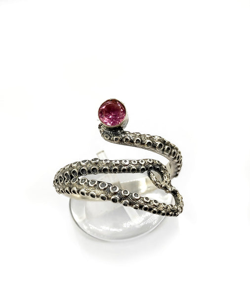 octopus silver ring, pink tourmaline ring, tentacle ring, silver adjustable ring 