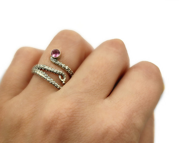 octopus silver ring, pink tourmaline ring, tentacle ring, silver adjustable ring 