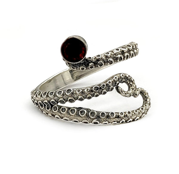 octopus silver ring, red garnet ring, tentacle ring, silver adjustable ring 