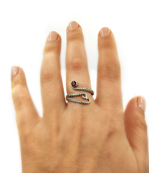 octopus silver ring, red garnet ring, tentacle ring, silver adjustable ring 