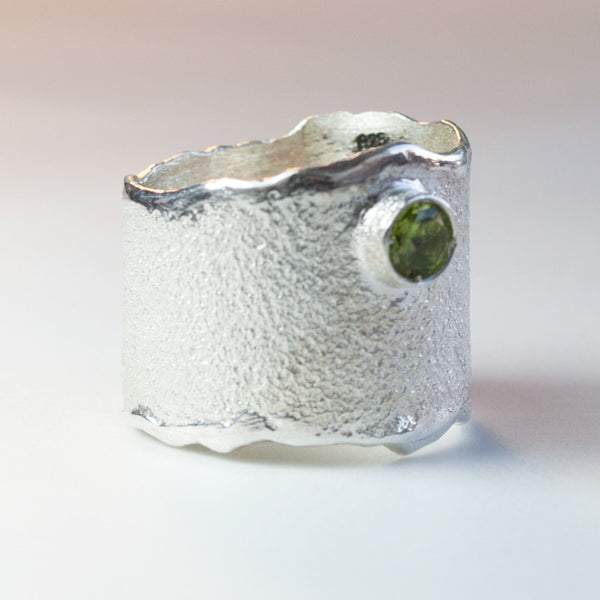Peridot silver ring, peridot ring August birthstone ring, wide rough ring 