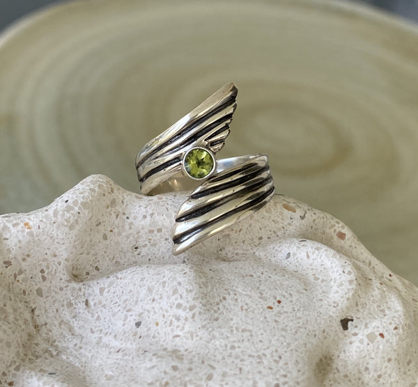 peridot gemstone ring silver, adjustable silver ring, august birthstone ring 