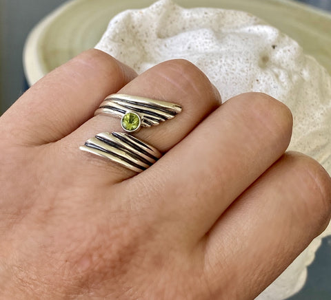 peridot gemstone ring silver, adjustable silver ring, august birthstone ring 
