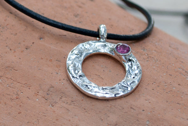 pink tourmaline silver pendant, geometric circle pendant, pink tourmaline pendant 