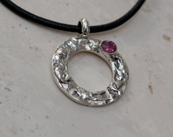 pink tourmaline silver pendant, geometric circle pendant, pink tourmaline pendant 