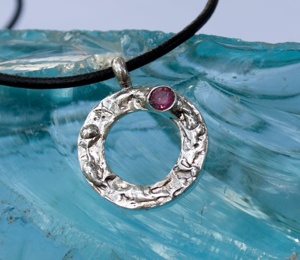 pink tourmaline silver pendant, geometric circle pendant, pink tourmaline pendant 