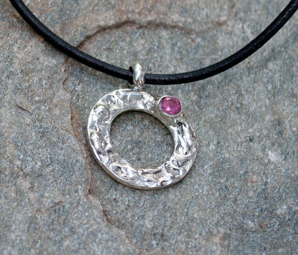 pink tourmaline silver pendant, geometric circle pendant, pink tourmaline pendant 