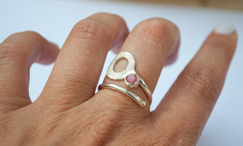 pink tourmaline ring, open circle ring, silver geometric ring, pink stone ring 