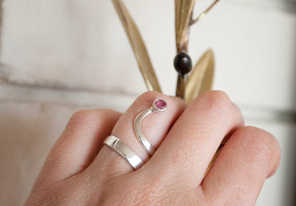 pink tourmaline silver wave ring, tourmaline ring, October birthstone silver ring 