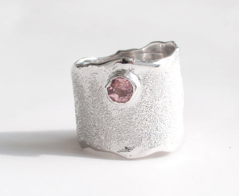Pink Tourmaline silver ring, wide silver ring, pink stone ring 