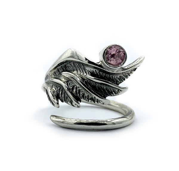 wing ring, silver ring, pink tourmaline ring, silver archangel ring 