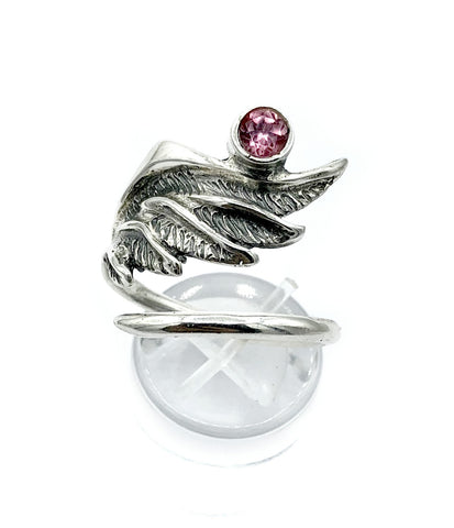 wing ring, silver ring, pink tourmaline ring, silver archangel ring 