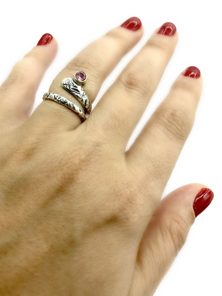 pink tourmaline ring, snake ring, pink stone ring, October birthstone ring 