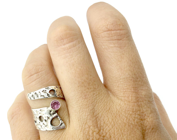 Abstract silver ring, pink tourmaline ring, silver adjustable ring, October birthstone ring 