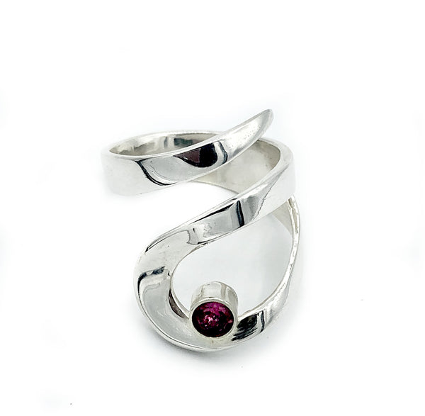 pink tourmaline silver ring adjustable, drop shape silver ring, contemporary silver ring 