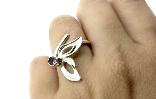 flower ring, pink tourmaline silver ring, contemporary silver ring adjustable 