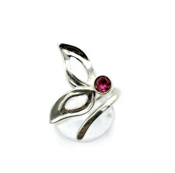 flower ring, pink tourmaline silver ring, contemporary silver ring adjustable 