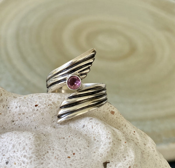 pink tourmaline gemstone ring silver, adjustable silver ring 